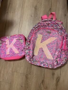 Justice Pink Sequin 'K' Backpack and Lunch Bag Set